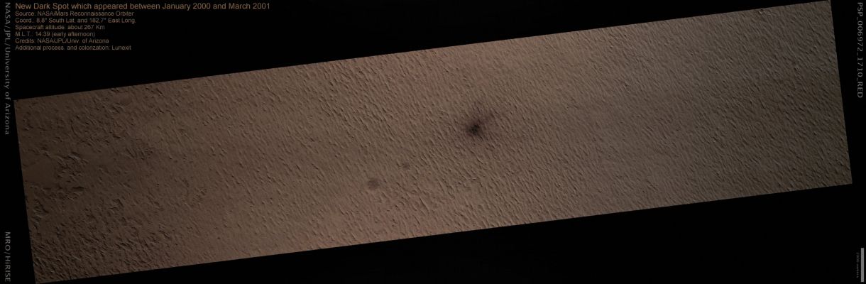 Recent Impact (Absolute Natural Colors; credits for the additional process. and color.: Dr Paolo C. Fienga - Lunexit Team)
nessun commento
Parole chiave: Mars from orbit - Craters - Fresh Crater