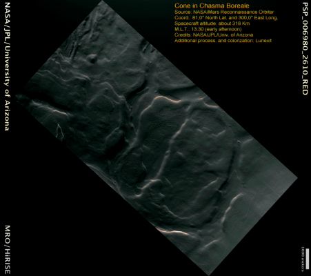 Smooth Surface Features of Chasma Boreale (False Colors; credits: Lunexit)
nessun commento
Parole chiave: Mars from orbit - North Polar Features