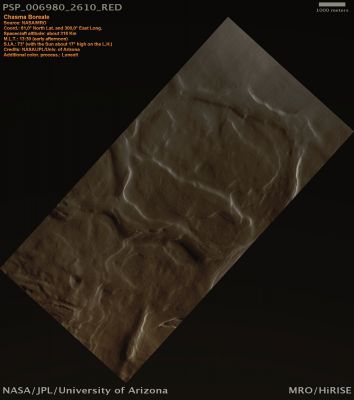Chasma Boreale (Natural Colors; credits: Lunexit)
nessun commento
Parole chiave: Mars from orbit - Chasma Boreale Region