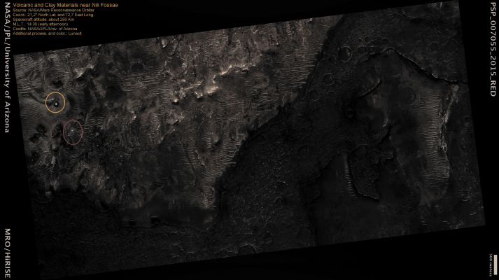 Volcanic and Clay Materials near Nili Fossae (ctx frame - MULTISPECTRUM; credits: Lunexit)
This image is located West of the Nili Fossae Trough, one of the proposed Landing Sites for the Mars Science Laboratory. Here, we combine information from two other MRO instruments, the Context Camera (CTX) and the Compact Reconnaissance Imaging Spectrometer for Mars (CRISM), to provide insight into the geology of the Region.

Nota Lunexit: sicuramente le informazioni NASA su questo frame sono interessanti e preziose, ma noi Vi invitiamo a prestare un PARTICOLARE ATTENZIONE alla struttura ed alla configurazione superficiale delle dune che caratterizzano tutta la zona ripresa. 
Si tratta, in effetti, di dune che, in passato, a causa della loro conformazione ed albedo, hanno ingannato innumerevoli Ricercatori i quali le avevano scambiate per "tubazioni" affioranti.
L'edt n. 3 (elaborato in colori naturali) Vi permetterà di cogliere al meglio non solo la - riteniamo incredibile - conformazione di queste mega-dune, ma anche la loro del tutto peculiare colorazione.
Parole chiave: Mars from orbit - Dunes and Craters near Nili Fossae