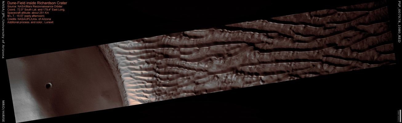The Dunes of Richardson Crater (MULTISPECTRUM; credits: Lunexit)
nessun commento
Parole chiave: Mars from orbit - Craters - Richardson Crater
