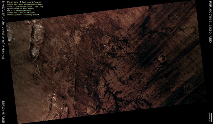 Inverted Dendritic Stream Channels in Antoniadi Crater (MULTISPECTRUM; credits: Lunexit)
This observation is centered within Antoniadi Crater. This crater, even prior to the MRO mission, was identified as a likely ancient lake (now dry) that was supplied by both surface water and ground water.
The image provides further tantalizing evidence of a water-rich past. Most of the flat parts of the image have a polygonal texture, which commonly forms when mud dries. In the center of the image are branched (“dendritic”) features that connect Southward to a larger trunk-shaped landform; the branches resemble stream channels on Earth. Unlike active channels with water, these features are “inverted”, or elevated above the surrounding terrain. 
Again, in analogy with such features seen on our Planet, these probably formed when materials deposited by the streams, such as coarse gravel, or chemical cementation after removal of the water, caused the channel bottoms to become resistant. Over time, natural erosion from wind and other processes left the inverted channels elevated above the surrounding terrain.
The branched features are probably remnants of small tributary streams that fed the larger trunk-shaped stream. It appears that the inverted streams lie on top of, and are therefore younger, than the polygons. This area may have first had a lake that later dried to form the polygons, followed by episodes of stream flow and erosion.
Parole chiave: Mars from orbit - Craters - Antoniadi Crater