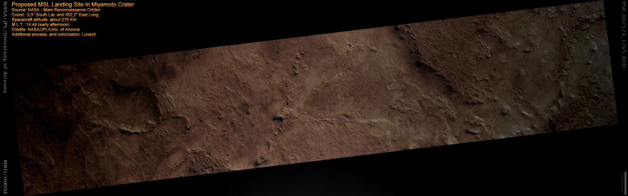 Proposed MSL Landing Site in Miyamoto Crater (MULTISPECTRUM; credits: Lunexit)
Miyamoto Crater is located in South-Western Meridiani Planum (and South-West of the Mars Exploration Rover Opportunity Landing Site). 
This image shows fairly smooth plains and some areas covered by Windstreaks. 

The streaks suggest that wind is an active process here, depositing surface material downwind in this distinctive form. This Landing Site is adjacent to the Hematite-bearing plains unit where the Opportunity Rover sits. 
The CRISM instrument has detected Phyllosilicates (Clay Minerals) at this Landing Site, which scientists believe to have formed in the presence of water.

The Mars Science Laboratory rover would investigate the mineral diversity here, which includes Phyllosilicates and Sulfate Minerals. 

Parole chiave: Mars from orbit - Craters - Miyamoto Crater