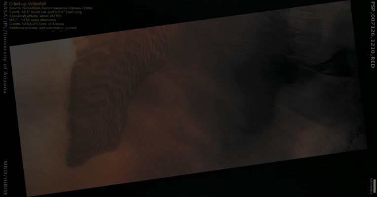 Like a "dried-up" Waterfall (True Colors + MULTISPECTRUM; credits: Lunexit)
This image shows a large gully in the wall of a crater in the Southern Hemisphere. Such gullies are among the most recent landforms on Mars, and were probably carved by liquid water.
The source of the water is still unknown; it could have been groundwater from a shallow aquifer or melted snow or ground ice from a different climate. 

This gully is not particularly fresh, but it is among the largest observed; several sub-channels merge in the alcove on the upper slope, in the north part of the image (Dx). 

Numerous faint troughs and lineations are visible downslope, likely indicating old channels that have been buried or reworked. The upper alcove exposes a dense cluster of boulders not seen on the adjacent slope. This could indicate that smaller material has been removed by the gullies, exposing the boulders without transporting them far.
Parole chiave: Mars from orbit - Gully