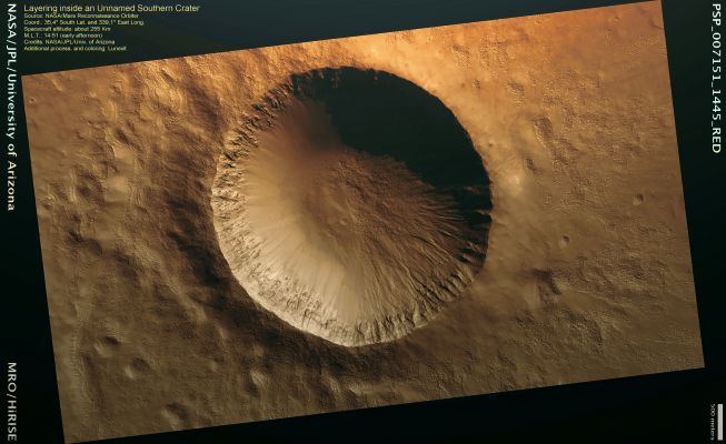 Colorful Layers in the Walls of an Unnamed Southern Crater  (context frame - MULTISPECTRUM; credits: Lunexit)
This image shows an unnamed, bowl-shaped impact crater located in the Southern Highlands. The crater is approximately 4 Km (about 2,5 miles) in diameter and 600 meters (approx. 2000 feet) deep.
Parole chiave: Mars from orbit - Craters - unnamed crater with layers and gullies
