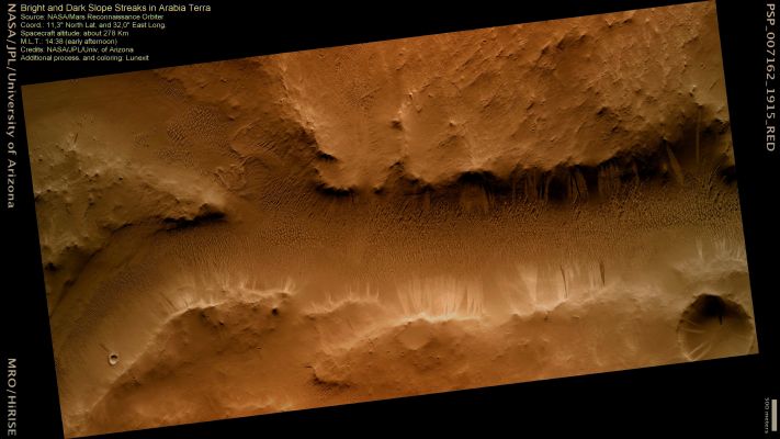 Bright and Dark "Slope Streaks" in Arabia Terra (MULTISPECTRUM; credits: Lunexit)
This observation is of region between large craters in Arabia Terra, which is a large swath of bright (high albedo) terrain in the Martian Cratered Uplands. At the center of this image is a channel with a sinuous, fluvial-like (such as "river-like") morphology, although it has long since been dry. 
The floor of the channel is covered with an array of linear dunes, which are accumulations of windblown sediment.

Of special interest in this scene is a series of dark (low albedo) and brighter (higher albedo) discolorations along the channel walls, also known as slope streaks. Most slope streaks are initially dark, gradually brighten with time, and are thought to be due to dust avalanches that remove a thin layer of bright dust to reveal darker material. Here, many streaks appear brighter than the surrounding undisturbed slope surface, and the origin of these bright streaks is not entirely clear.
Parole chiave: Mars from orbit - Arabia Terra Region