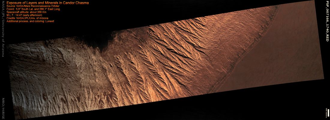 Exposure of Layers and Minerals in Candor Chasma (MULTISPECTRUM; credits: Lunexit)
Scanning across several kilometers of relief, this image shows a cliff along a light-toned layered deposit in Valles Marineris. This particular cliff was targeted because of the excellent exposure of layering and the identification of the minerals Kieserite (a mineral containing Magnesium) and Hematite (an Iron Oxide).
The Hematite appears in the darker low-lying region of the image and the Kieserite is associated with the light-toned layers. 
The fact that these minerals are found here with a layered deposit suggests that water may have been involved in the deposition of these minerals and the layers.
Erosion by wind has carved V-shaped patterns along the edges of many of the layers. The layers appear friable (easy to erode) so this is why wind can carve deep grooves along a steep cliff such as visible here. 
The top of the layered deposit (lower part of image) is smooth and relatively dark because it is covered by debris laid down by the wind, dust and other fine materials.

The cliff has stronger winds flowing up and down it, plus the effects of gravity, so airborne debris can be shed downslope to expose the fresh brighter layered deposit.
Parole chiave: Mars from orbit - Layers - Candor Chasma