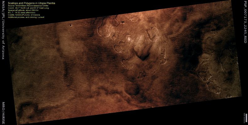 Scallops and Polygons in the Utopia Planitia Region (context frame - MULTISPECTRUM; credits: Lunexit)
This image shows a portion of the Utopia Planitia, marked by polygonal features bounded by cracks and depressions in the mantle that possess scalloped edges. 

Scalloped pits are typical features of the Martian mid-latitude mantle. Their presence has led to hypotheses of the removal of subsurface material, possibly interstitial ice, by sublimation (ice going directly from the solid state to the gas state). Their formation most likely involves development of oval- to scalloped-shaped depressions that may coalesce together, leading to the formation of large areas of pitted terrain. Scalloped pits typically have a steep pole-facing scarp and a gentler equator-facing slope. 

On the surface surrounding the scalloped depressions is a polygonal pattern of fractures. This is commonly associated with scalloped terrain, and indicates that the surface has undergone stress, potentially caused by subsidence (sinking), desiccation (drying out), or thermal contraction. These polygon features are similar to permafrost polygons that form in polar and high alpine regions on Earth by seasonal-to-annual contraction of the subsoil. On Earth, such polygon features are indicative of the presence of ground ice.
Parole chiave: Mars from orbit - Scallops and Polygons