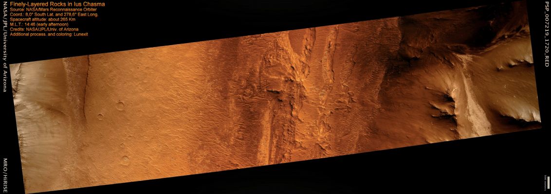 Finely-Layered Rocks in Ius Chasma (context-frame - MULTISPECTRUM; credits: Lunexit)
The high resolution of HiRISE allows us to see the many Fine Layers, or Strata, of Rock Outcrops all over Mars. This image shows a portion of Ius Chasma in the western portion of the large Valles Marineris Canyon System.

The Outcrop of Rock in the center of the image is about 5,5 Km across. Similar light-toned Strata are observed elsewhere in the canyon system and the CRISM instrument has shown that they often contain sulfate salts. The presence of Sulfate Salts indicate that water once interacted with this area, possibly as fluids that migrated through pre-existing rocks or as shallow evaporating pools of water.
Parole chiave: Mars from orbit - Ius Chasma Region