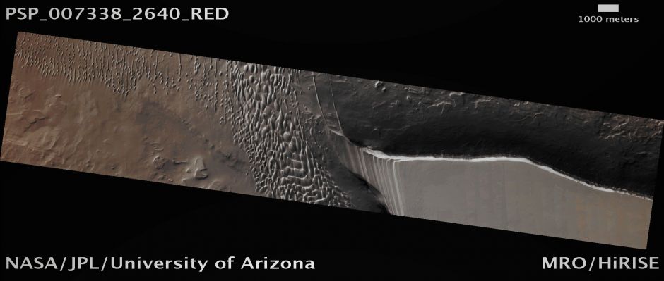 Features of the North Polar Scarp (Absolute Natural Colors; credits for the additional process. and color.: Dr Paolo C. Fienga - Lunexit Team)
Mars Local Time: 13:05 (Early Afternoon)
Coord. (centered): 83,7° North Lat. and 235,8° East Long.
Spacecraft altitude: 318,1 Km (such as about 198,8 miles) 
Original image scale range: 31,8 cm/pixel (with 1 x 1 binning) so objects ~ 95 cm across are resolved 
Map projected scale: 25 cm/pixel
Map projection: POLAR STEREOGRAPHIC
Emission Angle: 0,2° 
Sun-Mars-Spacecraft (or "Phase") Angle: 70,1°
Solar Incidence Angle: 70° (meaning that the Sun is about 20° above the Local Horizon)
Solar Longitude: 34,0° (Northern Spring)
Credits: NASA/JPL/University of Arizona
Additional process. and coloring: Dr Paolo C. Fienga - Lunar Explorer Italia
Parole chiave: Mars from orbit - North Polar Regions - The Scarp