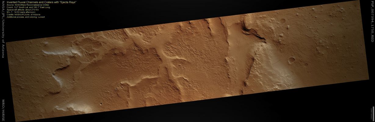 Inverted Fluvial Channels and Craters with Ejecta Rays (natural colors; credits: Lunexit)
The lower part of this image shows well-defined overlapping channels, which have inverted topography (i.e.: they were once low spots that have been filled in with sediments and now eroded in a such a way that they appear as topographically high regions).

The channels have a winding and intersecting geometry indicating the shifting of the channels over time, a feature consistent with the flow of water in rivers. The channels have small craters that have excavated the channel materials and ejected them to form well-defined rays. There are dark slope streaks (toward the top of the image) showing transport of fine dust down the slope of an eroded bedrock terrain.
Parole chiave: Mars from orbit - Inverted Fluvial Channels and Craters