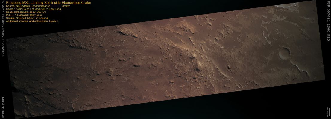 Proposed MSL Landing Site in Eberswalde Crater (MULTISPECTRUM; credits: Lunexit)
This image covers a portion of Eberswalde Crater, which has an ancient deltaic depositional setting. Eberswalde is an approx. 65 Km diameter, closed basin crater. This image was targeted in the landing ellipse as a possible site for the 2009 Mars Science Laboratory Mission. The image shows resistant mounds and knobs as well as a scoured surface. 

The CRISM instrument on board the Mars Reconnaissance Orbiter has detected Phyllosilicates (clays) in the bright layers in the crater. One of the ways clays form on Earth is when water erodes rock and makes fine particles which settle out of water; this often occurs in river deltas and lake beds. 
The delta and meandering channels in Eberswalde Crater (to the West of the Landing Ellipse) and the detection of Phyllosilicates provides evidence for possible persistent aqueous activity on Mars.
Parole chiave: Mars from orbit - Craters - Eberswalde Crater