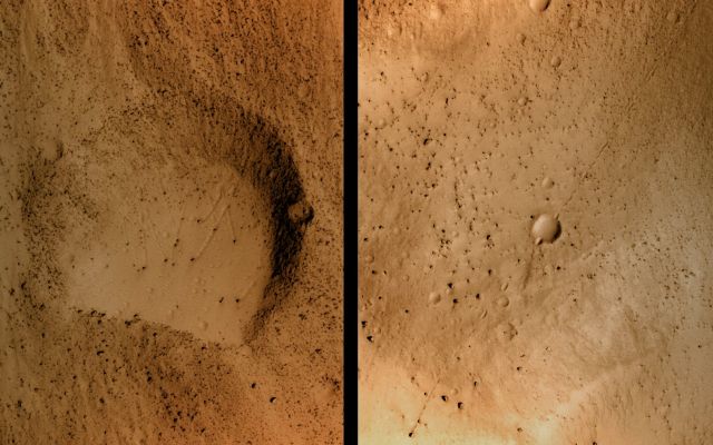 Rolling Rocks inside Shalbatana Vallis (EDM - False Colors; credits: Dr Paolo C. Fienga - Lunexit Team)
In this extra-detail mgnf, the left frame shows boulders moving in two directions, indicating that they had different sources. 
The right frame shows a boulder about 4 meters in diameter in the bottom left, having left a track that begins in the upper right. This boulder rolled down the hill, appears to have jumped the crater, bounced a few times, and then rolled to a halt.
Parole chiave: Mars from orbit - Gravity Wasting
