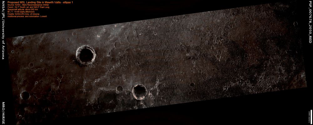Proposed MSL Landing Site in Mawrth Vallis (MULTISPECTRUM; credits: Lunexit)
Mawrth Vallis has a rich mineral diversity, including clay minerals that formed by the chemical alteration of rocks or loose “regolith” (soil) by water.

The CRISM instrument on the MRO Spacecraft has detected a variety of clay minerals here that could signify different processes of formation. The high resolution of the HiRISE camera helps us to see and trace out layers, polygonal fractures and, with CRISM, examine the distribution of various minerals across the surface. 

This surface is scientifically compelling for the Mars Science Laboratory (MSL) Rover, although some of the terrain might be somewhat rough. Scientists use HiRISE images to find the safest possible Landing Site for the Rover.
This is one of four candidate landing sites in the Mawrth Vallis region.
Parole chiave: Mars from orbit - Mawrth Vallis