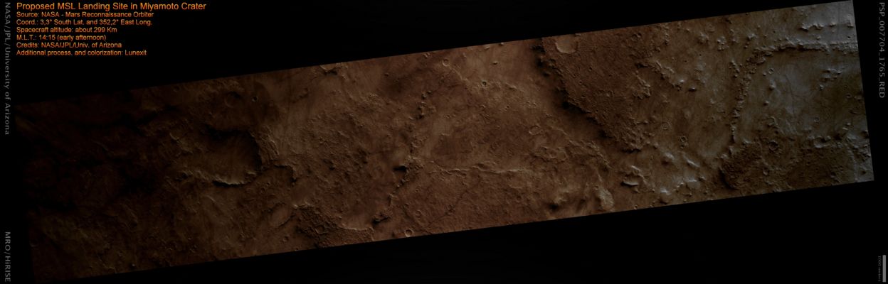 Proposed MSL Landing Site in Miyamoto Crater (MULTISPECTRUM; credits: Lunexit)
Miyamoto Crater is located in South-Western Meridiani Planum (and South-West of the Mars Exploration Rover Opportunity Landing Site). 
This image shows fairly smooth plains and some areas covered by Windstreaks. 

The streaks suggest that wind is an active process here, depositing surface material downwind in this distinctive form. This Landing Site is adjacent to the Hematite-bearing plains unit where the Opportunity Rover sits. 
The CRISM instrument has detected Phyllosilicates (Clay Minerals) at this Landing Site, which scientists believe to have formed in the presence of water.

The Mars Science Laboratory rover would investigate the mineral diversity here, which includes Phyllosilicates and Sulfate Minerals.
Parole chiave: Mars from orbit - Craters - Miyamoto Crater