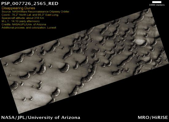 Northern Dunes (Absolute Natural Colors; credits for the additional process. and color.: Dr Paolo C. Fienga/Lunar Explorer Italia/Italian Planetary Foundation)
This NASA - Mars Reconnaissance Orbiter "HiRISE" image shows a portion of a Dunefield where many large "Barchan" (meaning "Crescent-shaped"), a few "Barchanoid" (meaning a "Non uniformly Crescent-shaped") and some smaller Dome-shaped Sand Dunes can be seen. The Dunefield that contains all these types of Sand Dunes is located in the Northern Regions of Mars and in a specific place where the first significant changes occurring to Sand Dunes was reported on the Red Planet (in the AD 2008). That study made by Dr Bourke (et al.) used a time series of NASA - Mars Global Surveyor (MGS), Mars Orbiter Camera (MOC) images taken over a period of 3 Martian Years (which are equivalent to 6 Earth Years) and showed that 2 (two) approx. 20 meter-wide Dome Dunes disappeared while a third one shrank by an estimated 15%. 
Now, the HiRISE image here confirms that the first two Sand Dune studied by Dr Bourke no longer exist but, interestingly, it also suggests that the Sediment removal is still ongoing, since the third Dune has dramatically reduced its volume. On the other hand, it must be noticed and underlined that this "Dune-Changing Process" does not occur in a uniform and generalized way (at least in this specific location), since many of the other large Dunes present in the Dunefield do not show any (apparent/obvious) change; however, more time and some more precise measurements (fit to display evidence of the occurrence of an actual change of the larger Dunes, either in their shape, or their position) are needed in order to achieve a more substantiated conclusion. 
In addition to that, we should also consider that it is even possible that the stability of all the other larger Dunes present in the Dunefield might be caused by the circumstance that the Sediment existing inside them is now (let us say "at present time"...) unavailable for removal, due to Induration (meaning that said Sediment became too hard to be blown away by just a simple, even though quite strong sometime, Aeolian Action, but in a future - maybe as a consequence of a dramatic variation in the Surface Temperature of this Region of Mars - its physical conditions could change again, and therefore make it fit to be remodeled, removed or, maybe, totally dispersed). 
In the end, the change observed in the small Dome-shaped Dunes indicates, once and for all, that certainly not all Dunes on Mars are effectively and permanently stabilized and immobile, as it was erroneously believed for a long time.

Mars Local Time: 14:10 (Early Afternoon)
Coord. (centered): 76,182° North Lat. and 95,300° East Long.
Spacecraft altitude: 318,0 Km (such as about 198,8 miles) 
Original image scale range: 63,6 cm/pixel (with 2 x 2 binning) so objects ~ 1 mt and 91 cm across are resolved
Map projected scale: 50 cm/pixel
Map projection: POLAR STEREOGRAPHIC
Emission Angle: 2,8° 
Phase Angle: 62,5°
Solar Incidence Angle: 60° (meaning that the Sun was about 30° above the Local Horizon at the time the picture was taken)
Solar Longitude: 47,6° (Northern Spring- Southern Autumn)
Credits: NASA/JPL/University of Arizona
Additional process. and coloring: Lunar Explorer Italia

This picture (which is a NASA - Original Mars Reconnaissance Orbiter EDM color frame identified by the serial n. PSP_007726_2565) has been additionally processed and then colorized in Absolute Natural Colors (such as the colors that a human eye would actually perceive if someone were onboard the NASA - Mars Reconnaissance Orbiter and then looked down, towards the Surface of Mars), by using an original technique created - and, in time, dramatically improved - by the Lunar Explorer Italia Team.
Parole chiave: Mars from orbit - Dunes - Northern Regions