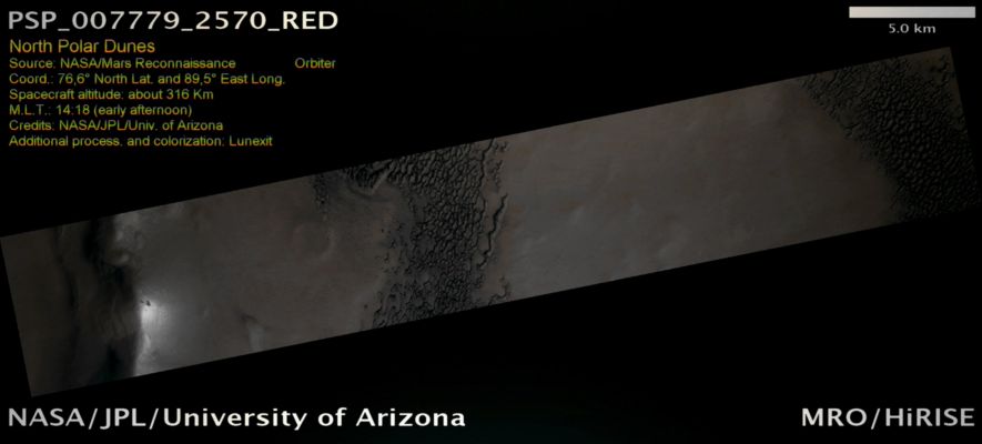 Dunes of the High Northern Latitudes (MULTISPECTRUM; credits: Lunexit)
In this image, we can see that the North Pole is surrounded by a vast “sea” of Basaltic Sand Dunes. In Northern Winter a Seasonal Polar Cap composed of CO2 ice (dry ice) forms and the surrounding dunes become covered with frost. In the Spring, the ice sublimates (evaporates directly from ice to gas) loosening and moving tiny dust particles.
The bright portions of the dunes in this image are areas still covered with seasonal frost while dark spots are areas where the frost is gone or dark dust has cascaded down the sides of the dune.
The dunes imaged here are similar to Barchan dunes that are commonly found in desert regions on Earth. Barchan dunes are generally crescent-shaped with a steep slip face bordered by horns oriented in the downwind direction. Barchan dunes form by winds blowing mainly in one direction and thus are good indicators of the dominant wind direction when the dunes formed. 

Parole chiave: Mars from orbit - Dunes - Northern Dunes