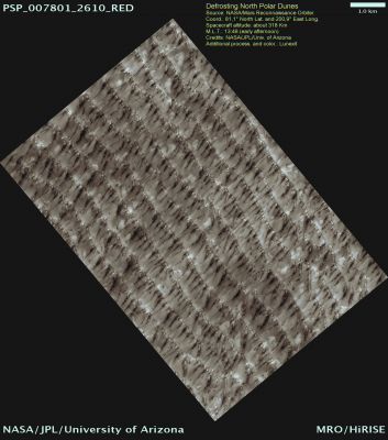 Defrosting Dunes in the North Polar Sand Sea (MULTISPECTRUM; credits: Lunexit)
This image shows defrosting sand dunes near the North Polar Region of Mars.

Around Mars’ North Pole is a vast Region or “sea” of sand dunes that become covered with CO2 frost or ice in the Northern Hemisphere’s Winter. The light areas indicate that parts of the dunes are still covered in frost or ice.
As Mars’ Northern Hemisphere enters into Spring and begins to warm, the CO2 sublimates. The CO2 sublimates in surprising ways, with trapped gas bursting through the ice in jets that leave dark streaks when the wind is blowing

During the Summer, all the frost will have sublimed leaving dark sand dunes. The unfrosted dunes are dark because the sand is derived from dark volcanic rocks.
Parole chiave: Mars from orbit - North Polar Region - Defrosting Dunes