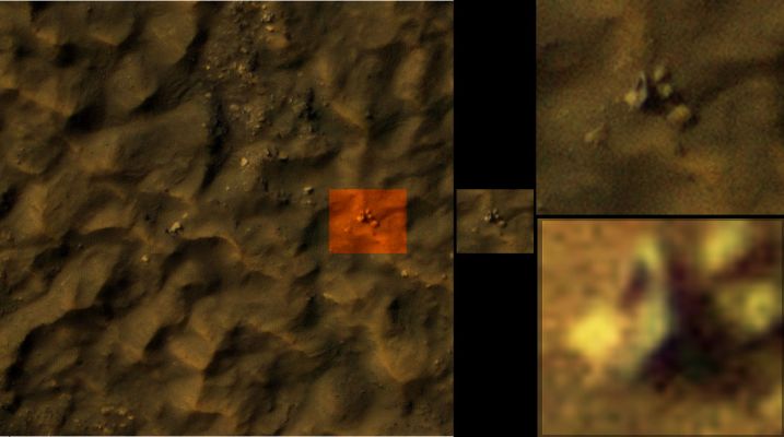 The "Sun-Door" (extra-detail mgnf n. 1 - credits: Dr M. Faccin)
Ai piedi del boulder "Maggiore", una sorgente di luce. O meglio: un ulteriore rilievo ad albedo di gran lunga più elevata rispetto all'albedo delle altre rocce che formano il gruppo.
Il boulder "Maggiore", poi, oltre ad essere caratterizzato da una forma rettangolare e da un colorito azzurro,non pare giacere sul suo lato lungo bensì su quello corto (tipo il Monolito di "2001", tanto per capirci); dietro di esso, una rosa di tre macigni, il primo dei quali (quello più in basso nel frame) ostenta una evidente base quadrata.

Geometria, Simmetria e Contestualizzazione: la "Sacra Trinità" dell'Anomaly Hunter, in questo caso specifico, è soddisfatta. 

Il rilievo, come si conviene, è stato battezzato (diremmo per evidenti motivi) "La Porta del Sole". Noi possiamo solo invitarVi a guardare, a riflettere ed a commentare...Se volete.

Complimenti (grandi e sinceri) al Dr Marco Faccin!
Parole chiave: Mars from orbit - Extremely Unusual Surface Feature - The Sun-Door