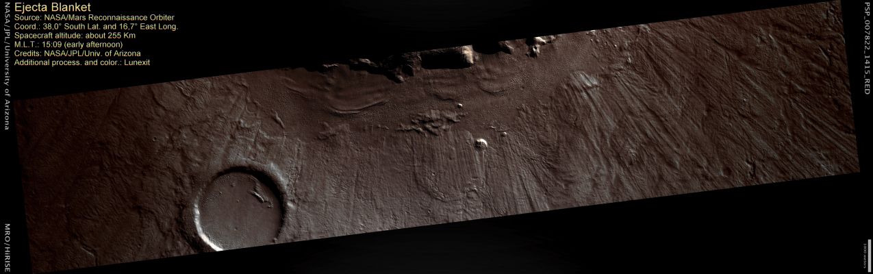 Ejecta Blanket (MULTISPECTRUM; credits: Lunexit)
The Ejecta Blanket of a large (20 Km diameter) impact crater is shown here in vivid detail. The ejecta formed strong linear patterns in the topography that extend radially outward from the crater. This ejecta is rocky material that was ejected from the crater as a result of the high-velocity impact of an object about 100-200 meters in diameter, which probably escaped from the asteroid belt.

Since the impact event, this ejecta has been subject to millions of years of wind erosion that may have etched the surface and accentuated the radial pattern. There are also small-scale landforms such as fractured mounds that may have formed due to the presence of subsurface ice (note: this is a so-called "periglacial phenomenon"). 
Parole chiave: Mars from orbit - Craters - Unnamed Crater with Ejecta Blanket