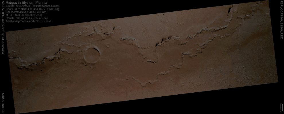 Features of Elysium Planitia: Ridges and "Fumes" (Saturated Absolute Natural Colors; credits for the additional process. and color: Dr Paolo C. Fienga - Lunexit Team)
nessun commento
Parole chiave: Mars from orbit - Volcanic Regions - Elysium Planitia