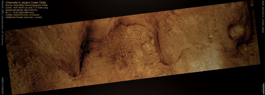 Channels in Jezero Crater Delta (context frame - MULTISPECTRUM; credits: Lunexit)
Billions of years ago, this water-carved channel in Nili Fossae Region transported sediments across the Martian Surface and deposited them on the floor of an impact crater just south of this image. 
The sediments were deposited in a delta-like mound on the floor of Jezero Crater, suggesting that the crater may have contained a lake at the time.
Parole chiave: Mars from orbit - Channels - Jezero Crater