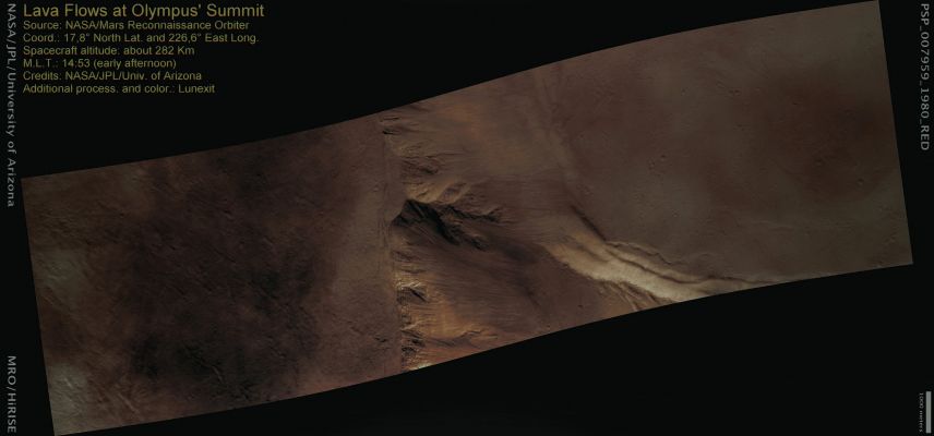 The Beautiful Colors of Olympus Mons' Summit (Absolute Natural Colors; credits for the additional process. and color.: Dr Paolo C. Fienga - Lunexit Team)
Olympus Mons, the largest Volcano in the Solar System, has a large depression at its top. This depression, called “Caldera” by geologists, is caused by the collapse of the top of the Volcano as magma is drained out from an underground Holding Chamber.
Previous studies have demonstrated multiple collapses, indicating that there were Holding Chambers in slightly different locations within the Volcano that emptied at various times. 

This HiRISE image examines the walls of one such collapse which exposes the Layers of rock within the uppermost part of Olympus Mons. 

In the sections not covered by Dust, hundreds of thin discontinuous Layers are visible. The thicknesses and widths of these Layers are similar to those of the Lava Flows seen on the Surface of Olympus Mons. This confirms the assumption that the Volcano is built up of many thousands of similar Lava Flows. 
There is also at least one Layer cutting diagonally across the stack of Lava Flows. This is an intrusion of magma, most likely a feeder to some of the uppermost Lava Flows. However, this HiRISE image indicates that such intrusions make up only a minor part of the upper section of the Volcano.
Parole chiave: Mars from orbit - Volcanoes - Olympus Mons