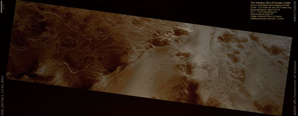 Western Rim Region of Korolev Crater (possible True Colors; credits: Lunexit)
This image was originally suggested by Ehsan Sanaei’s high school astronomy club in Yazd, Iran. They write, “[We are interested in] exploring the impact region near the northern Martian Pole and observing the contrast between ice-covered and [non-ice covered] Regions.”

Mrs. Stoica’s 9th grade class, at Tudor Vianu High-School of Computer Science, in Bucharest, Romania, helped to analyze the image by writing that “we observe a major crater, a small mountain chain, dunes and a series of small valleys and crevasses which [contain] ice.”

Indeed, this image shows part of the western rim of Korolev Crater, a prominent 80-Km-diameter crater located in the Northern Polar Region. It was taken in Northern Spring and shows dark regions of dust and sediment and bright regions of ice and frost. At highest resolution both bright and dark areas of the surface are covered by polygonal fracture patterns. 
Although much of the ice has likely started to sublimate (change from a solid to a gas) in the darker regions, ice fills the fractures.
Parole chiave: Mars from orbit - Craters - Korolev Crater