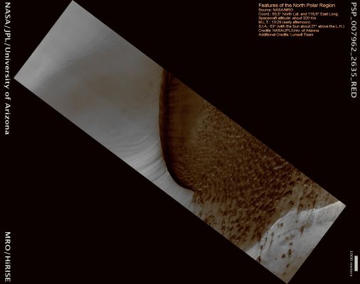 Northern Dunes (CTX Frame - Possible Natural Colors; credits: Dr Paolo C. Fienga - Lunexit Team)
There is a vast Region of Sand Dunes at high Northern Latitudes on Mars. 
In Winter, a layer of CO2 ice covers the Dunes, and in the Spring - as the Sun warms the ice - it sublimates. 
This is a very active process causing the sand to dislodge from the Dunes' Crests to cascade, often (NOT always!) forming Dark Streaks.
Parole chiave: Mars from orbit - Dunes