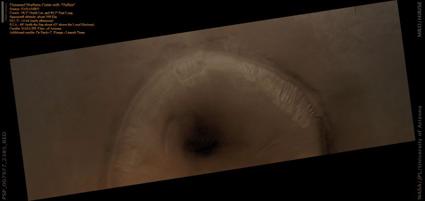 Unnamed Northern Crater with "Gullies" (CTX Frame - Natural Colors; credits for the additional process. and color.: Dr Paolo C. Fienga - Lunexit Team)
nessun commento
Parole chiave: Mars from orbit - Craters - Unnamed Crater with Gullies