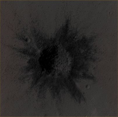 Fresh and Rayed Unnamed Crater in Tharsis Region (EDM n.1 - Absolute Natural Colors; credits for the additional process. and color.: Dr Paolo C. Fienga - Lunexit Team) 
Mars Local Time: 15:02 (Early Afternoon)
Coord. (centered): 17,4° North Lat. and 248,8° East Long.
Spacecraft altitude: 274,1 Km (such as about 171,3 miles) 
Original image scale range: 27,4 cm/pixel (with 1 x 1 binning) so objects ~ 82 cm across are resolved 
Map projected scale: 25 cm/pixel
Map projection: EQUIRECTANGULAR
Emission Angle: 0,2° 
Sun-Mars-Spacecraft (or "Phase") Angle: 42,8°
Solar Incidence Angle: 43° (meaning that the Sun is about 47° above the Local Horizon)
Solar Longitude: 57,4° (Northern Spring)
Credits: NASA/JPL/University of Arizona
Additional process. and coloring: Dr Paolo C. Fienga - Lunar Explorer Italia
Parole chiave: Mars from orbit - Craters - Unnamed Fresh Crater - Tharsis Plain