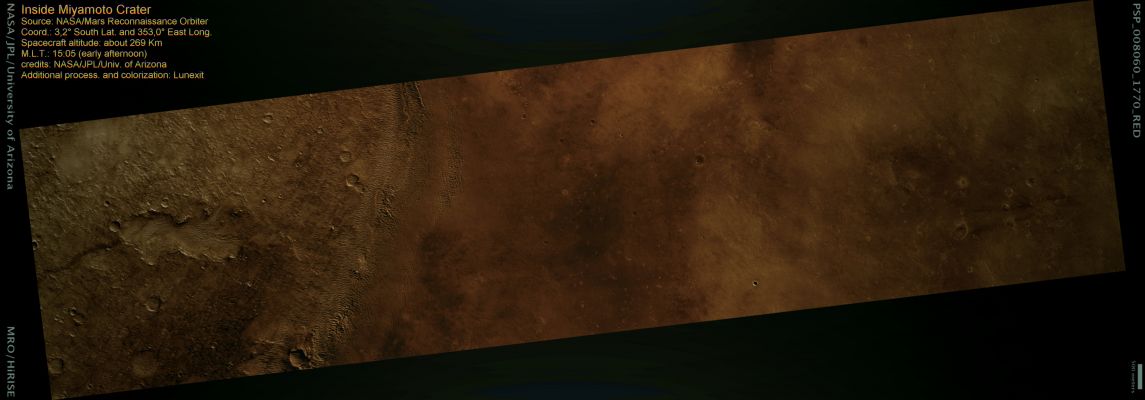 Layers and Phyllosilicates in Miyamoto Crater (MULTISPECTRUM; credits: Lunexit)
This observation was taken in Miyamoto Crater in South-West Meridiani, an area near the Equator of Mars. This image is located to the East of one of the potential Mars Science Laboratory Landing Sites and is near the contact between the Hematite-bearing plains unit to the North-East (where the MER Opportunity is exploring) and the phyllosilicate-bearing unit to the South-West. 

Aeolian (meaning "wind deposited") processes are active here, which are visible in dunes and ripples, most likely made of basaltic sand. The bedrock contains Phyllosilicates (such as Clay Minerals), which form in the presence of water. Phyllosilicates have been detected in higher concentrations in other areas of Mars such as Mawrth Vallis and Nili Fossae, but detections of lesser abundance have been noticed in Meridiani as well.
Parole chiave: Mars from orbit - Meridiani Planum Region