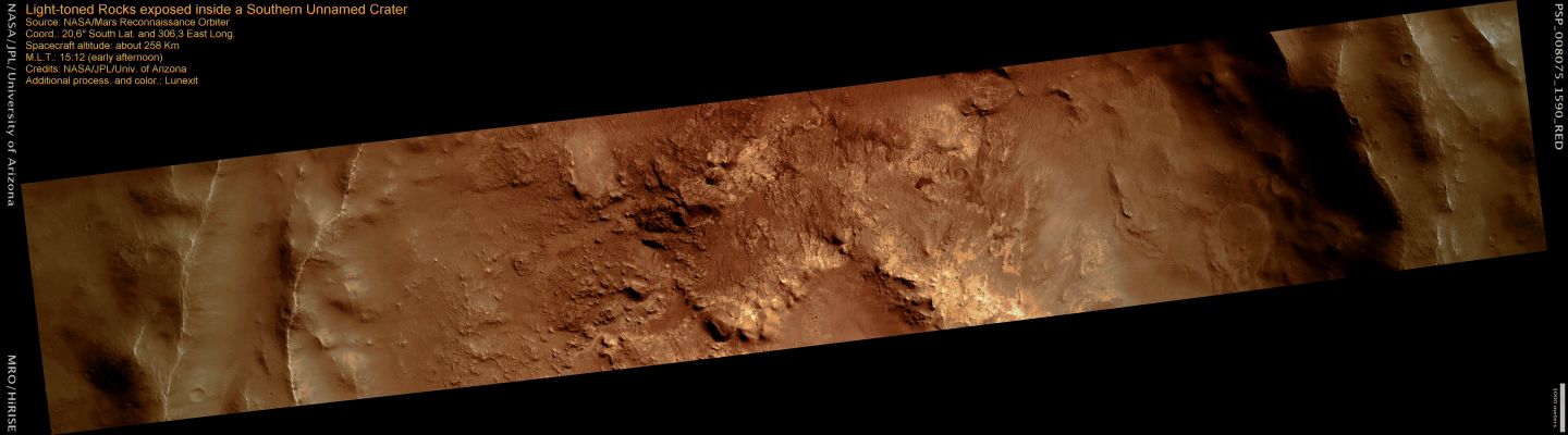 Light-toned Rocks (MULTISPECTRUM; credits: Lunexit)
This observation shows a portion of an approximately 30 kilometer diameter impact crater located to the south of Valles Marineris.

The image reveals that the central uplift inside the crater is a mixture of dark-toned and light-toned materials. It’s likely that some of the rocks in the center of the crater represent units at depth that we wouldn’t otherwise see along the plains that surround the crater. The light-toned units in particular are not visible in the plains surrounding this crater so they could be material that is buried beneath the plains and only visible inside craters or other vertical exposures, such as those created by faults. 

Some of the light-toned material appears angular and blocky, consistent with material that has been disrupted and uplifted by an explosion associated with the crater’s formation. The reason why some material appears light-toned is unknown but could be due to a different composition than the darker-toned unit.

Many light-toned units seen elsewhere on Mars, including within Valles Marineris, are made of sulfates so there may be sulfate-rich rocks buried beneath the plains at this location and the formation of the crater exposed them. In any case, the distinct materials visible within impact craters suggest that the crust on Mars may contain many units of variable composition.
Parole chiave: Mars from orbit - Craters - Unnamed Crater near Valles Marineris