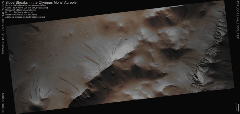 Dark Slope Streaks on Olympus Mons' Aureole (Absolute Natural Colors; credits for the additional process. and color.: Dr Paolo C. Fienga - Lunexit Team)
nessun commento
Parole chiave: Mars from orbit - Volcanic Features - Slope Streaks