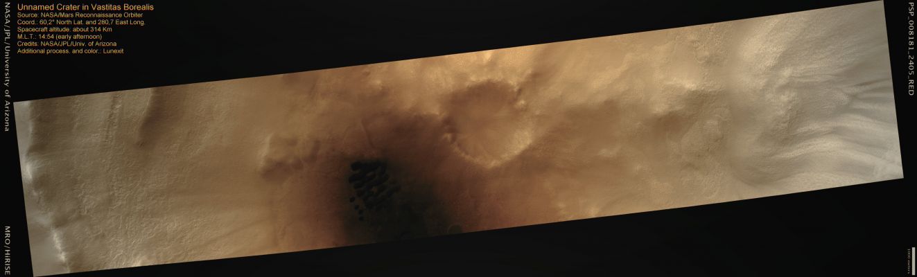 Unnamed Crater in Vastitas Borealis (MULTISPECTRUM-2; credits: Lunexit)
nessun commento
Parole chiave: Mars from orbit - Craters - Unnamed Crater in Vastitas Borealis