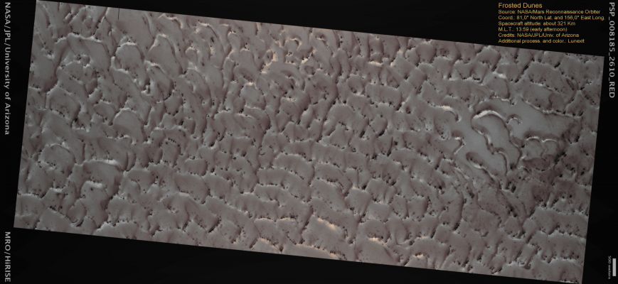 Frosted Dunes (MULTISPECTRUM; credits: Lunexit)
nessun commento
Parole chiave: Mars from orbit - North Polar Region - Frosted Dunes