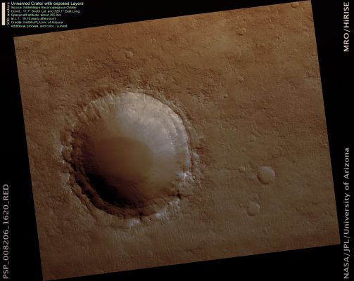 Crater with Exposed Layers (natural colors; credits: Lunexit)
nessun commento
Parole chiave: Mars from orbit - Craters - Unnamed Crater with exposed Layers
