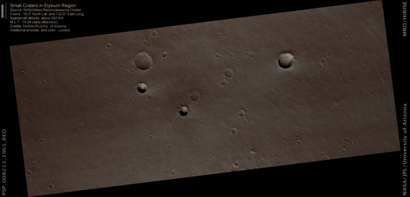 Small Craters in Elysium Planitia (Absolute Natural Colors; credits for the additional process. and color.: Dr Paolo C. Fienga - Lunexit Team)
nessun commento
Parole chiave: Mars from orbit - Elysium Planitia Region