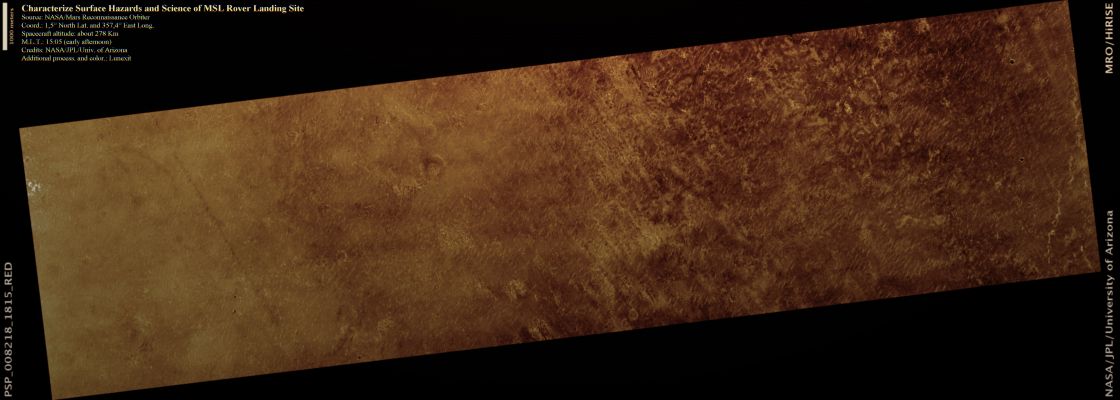 Characterize Surface Hazards and Science of MSL Rover Landing Site - Equatorial Regions (Saturated Natural Colors; credits for the additional process. and color.: Dr Paolo C. Fienga - Lunexit Team) 
nessun commento
Parole chiave: Mars from orbit - Equatorial Regions