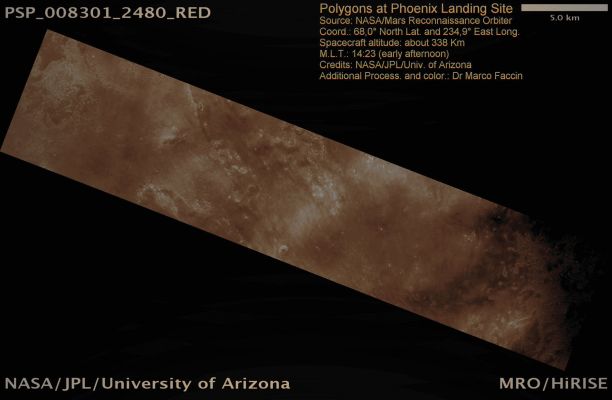Features of Vastitas Borealis: Polygons (CTX Frame - Absolute Natural Colors; credits for the additional process. and color: Dr Paolo C. Fienga - Lunexit Team)
Caption NASA:"This image is one of many that have been taken over the Phoenix Landing Site. The Phoenix Lander launched from Cape Canaveral, Florida in August 2007 and will reach the surface of Mars on 25 May 2008. One of the reasons that this Region of Mars was selected for the Landing Site is based on the overall lack of rocks that could prove hazardous to the Lander. Among the many science goals, Phoenix will analyze the Surface Dust as well as dig into an ice-rich layer which is predicted to lie within inches of the Martian Surface. The Polygons are most likely the result of temperature oscillations which cause this ice to crack resulting in the Surface that is visible today. 
Parole chiave: Mars from orbit - Vastitas Borealis Region