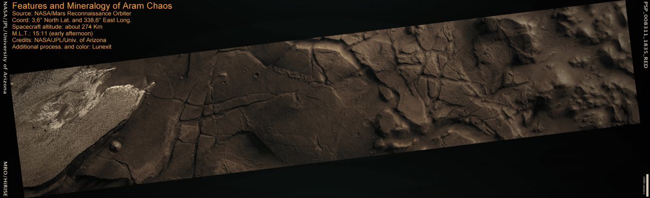 Features and Mineralogy of Aram Chaos (context-frame - MULTISPECTRUM; credits: Lunexit)
This image is from Aram Chaos, a large crater connected to the Ares Vallis Outflow Channel. It is called “chaos” because of the rough floor topography, large slumped blocks and large fractures that may have been caused by removal of subsurface material.
Parole chiave: Mars from orbit - Aram Chaos Region