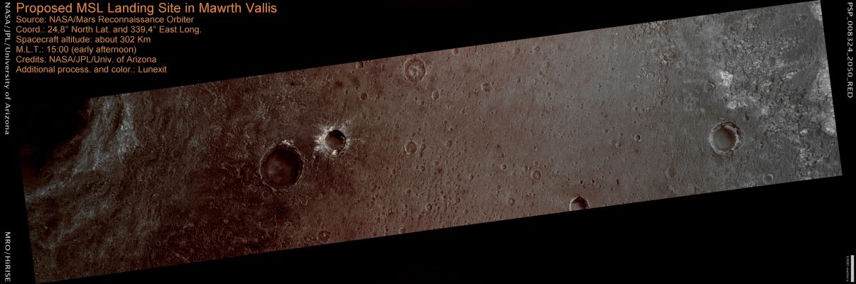 Proposed MSL Landing Site in Mawrth Vallis - ellipse 4 (MULTISPECTRUM; credits: Lunexit)
Mawrth Vallis has a rich mineral diversity, including clay minerals that formed by the chemical alteration of rocks by water. The CRISM instrument detects a variety of clay minerals here, which could signify different processes of formation. The high resolution of the HiRISE camera helps us to see and trace out layers, polygonal fractures, and with CRISM, examine the distribution of various minerals across the surface. 

This surface is scientifically compelling for the MSL Rover, although some of the terrain can be somewhat rough. Scientists use HiRISE images to find the safest possible Landing Site for the Rover.
Parole chiave: Mars from orbit - Mawrth Vallis