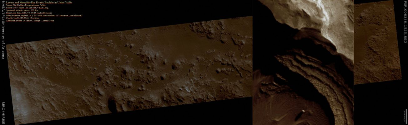 Layers and "Monolith-like" Erratic Boulder in Uzboi Vallis (CTX Frame and EDM - an Image-Mosaic in Absolute Natural Colors by Elisabetta Bonora and Paolo C. Fienga - Lunexit Team)
Parole chiave: Mars from orbit - Uzboi Vallis Region - Erratica Boulder