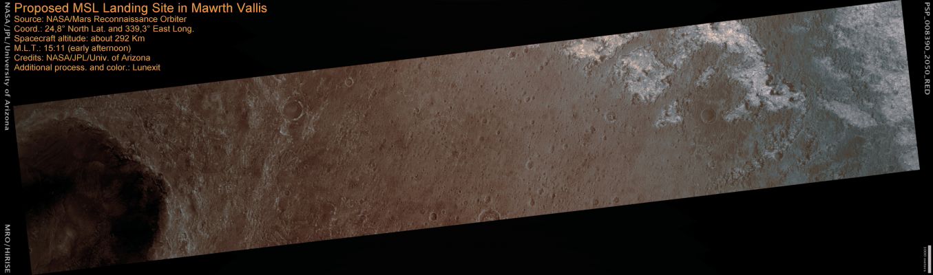 Proposed MSL Landing Site in Mawrth Vallis - ellipse 4 (MULTISPECTRUM; credits: Lunexit)
Mawrth Vallis has a rich mineral diversity, including clay minerals that formed by the chemical alteration of rocks by water. The CRISM instrument detects a variety of clay minerals here, which could signify different processes of formation. The high resolution of the HiRISE camera helps us to see and trace out layers, polygonal fractures, and with CRISM, examine the distribution of various minerals across the surface. 

This surface is scientifically compelling for the MSL Rover, although some of the terrain can be somewhat rough. Scientists use HiRISE images to find the safest possible Landing Site for the Rover.

Parole chiave: Mars from orbit - Mawrth Vallis