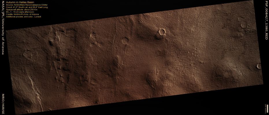 Autumn in Hellas Basin (ctx frame - MULTISPECTRUM-2; credits: Lunexit)
It is now fall in the Southern Hemisphere and in the giant impact crater known as Hellas Basin small boulders cast long shadows. The long shadows emphasize small scale topographic features and wind erosion is responsible for much of the morphology in this Region.

Parole chiave: Mars from orbit - Hellas Basin
