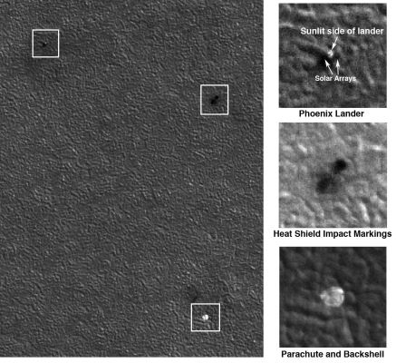 Phoenix Lander "Hardware" (Night-Time Frame)
Caption NASA:"MRO's HiRISE camera acquired this image of the Phoenix Landing Site 11 hours after landing. The image shows 3 unusual features, which were not present in the earlier, pre-landing HiRISE image. 

We expect to find three main pieces of hardware: the Parachute attached to the Back-Shell, the Heat-Shield, and the Lander itself. The Parachute (lower right) is easy to identify because it is especially bright, although this image doesn't clearly reveal the Back-Shell. 
The double dark marking at upper right seems most consistent with disturbance of the ground from impact and bouncing of the Heat-Shield, which fell from a height of about 13 Km.
The last object (upper left) appears to be a about the right size and height for the Lander and with dark objects on each side (to the East and West) consistent with the solar arrays.

This image was acquired in the nighttime, when the Arctic Sun was only 12° above the horizon to the North-East. Later images will be acquired in the daytime with the Sun higher in the sky and to the South-West, and could confirm our initial interpretations. North is about 7° to the left of straight up in this image.
These objects were later confirmed on the subsequent HiRISE observation acquired 22 hours after landing".
Parole chiave: Mars from orbit - Vastitas Borealis Region - Phoenix Landing Site