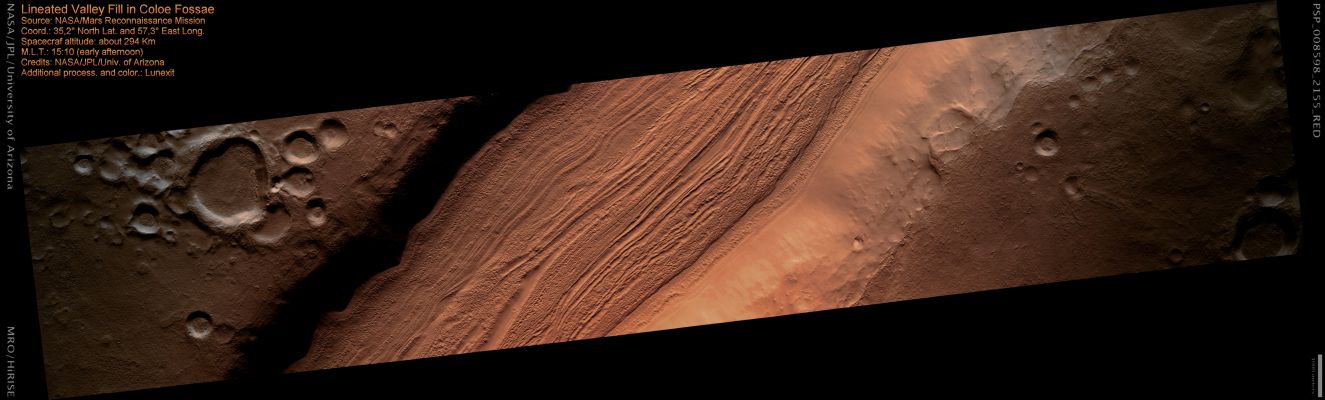 Lineated Valley Fill in Coloe Fossae (MULTISPECTRUM; credits: Lunexit)
This Region consists of several relatively straight and narrow canyons located near the boundary between the high-standing, heavily cratered areas of the Southern Hemisphere and the low, uncratered plains that cover most of the Northern Hemisphere of Mars. 
Transitional areas such as this are known as the “Fretted Terrain” and are characterized by a complicated mix of cliffs, mesas, buttes, and canyons. 
This image reveals a canyon with relatively steep and smooth walls. The floor of the canyon displays a complex set of ridges and grooves that are generally parallel to the canyon walls. 
The material comprising the canyon floor is common observed in Fretted Terrain and is called "Lineated Valley Fill" (LVF). 
The cause of the LVF texture is not well understood but may result from patterns of ice rich soils or ice loss. The linear alignment may be caused by the downhill movement of ice-rich soil, or glacial flow in dirty ice or ice-rich soil.
Parole chiave: Mars from orbit - Lineated Valley Fill
