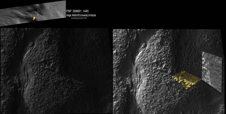 Recent "Crack" in West Hellas? (an Image-Mosaic by Dr M. Faccin)
Acquisition date: 03 June 2008 
Mars Local Time: 15:27 (Early afternoon)
Latitude (centered): 35,3° South
Longitude (East): 46,9° 
Range to target site: 258,5 km (approx. 161,6 miles) 
Original image scale range: 51,7 cm/pixel (with 2 x 2 binning) so objects ~155 cm across are resolved 
Map projected scale: 50 cm/pixel and North is up 
Map projection: EQUIRECTANGULAR 
Emission angle: 6,2° 
Phase angle: 74,0° 
Solar Incidence Angle: 78° (with the Sun about 12° above the Local Horizon) 
Solar Longitude: 80,5° (Northern Spring)
Parole chiave: Mars from orbit - Hellas Planitia Region
