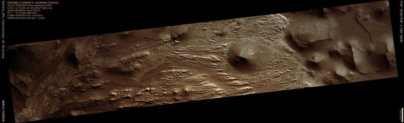 Geologic Contacts in Juventae Chasma (MULTISPECTRUM-2; credits Lunexit)
Many of the Troughs of Valles Marineris contain mounds composed of light-toned Layered Deposits and Scientists have been debating both the origin of these Layered Deposits and their age of deposition relative to the Troughs themselves. 
Some scientists think that the Layered Deposits formed first and then were covered by lava flows that make up the plains. Later, formation of the troughs of Valles Marineris created large openings through the plains that exposed the buried Layered Deposits. 
Others have argued that the light-toned Layered Deposits formed after the Troughs and filled up portions of the canyons. 
The chaotic terrain in Juventae is believed to have formed when subsurface water in the ground flowed away, causing collapse of the ground and leaving behind numerous hills along the floor of the Trough.

In this HiRISE image, the geologic contacts between the wallrock (darker units on the left - Sx - of the image), light-toned Layered Deposits, and darker hills of the chaotic terrain are visible. By studying the image, scientists hope to determine what are the relative ages of these different units in order to decipher the Geologic History of this Region. 

(note: a stereo image of this location could be even more helpful because it will show the three-dimensional relationships between the different units, thus revealing more information about their relative ages)

Parole chiave: Mars from orbit - Juventae Chasma Region