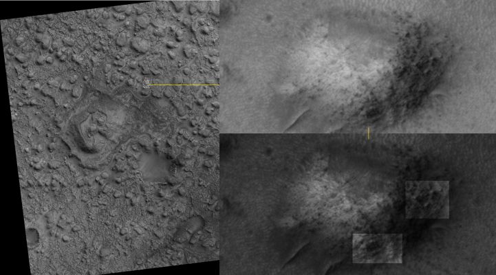 Another "Door"?
In questo dettaglio, estrapolato da PSP_008778_1685 (a cura del Dr Faccin), una possibile apertura similare - vagamente - alla "Porta" che abbiamo visto in PSP_002047_1890. Si tratta di una feature comune, quindi, a questi "cumuli" ("mounds", o pseudo-colline), oppure è solo una somiglianza casuale ed isolata?
Probabilmente si tratta solo di una somiglianza casuale ed isolata, ma noi...continuiamo ad osservare!
Parole chiave: Mars from orbit - Mound